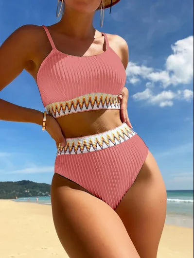 Women High Waisted Bikini Sets Color Block Swimsuits 2 Piece Bathing Suits Tummy Control Sporty Teens