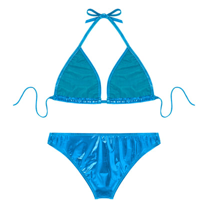 Womens Metallic Shiny Bikini Swimwear Pool Party Swimming Bathing Suit Halter Lace-up Bra with O Ring Briefs Bikini Swimsuit
