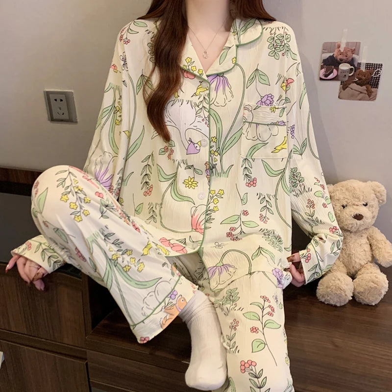 Pink Bow Tie Design Pajamas for Women Long Sleeve Top & Elastic Waist Pants Pajamas Set Harajuku Style Casual New Home Wear