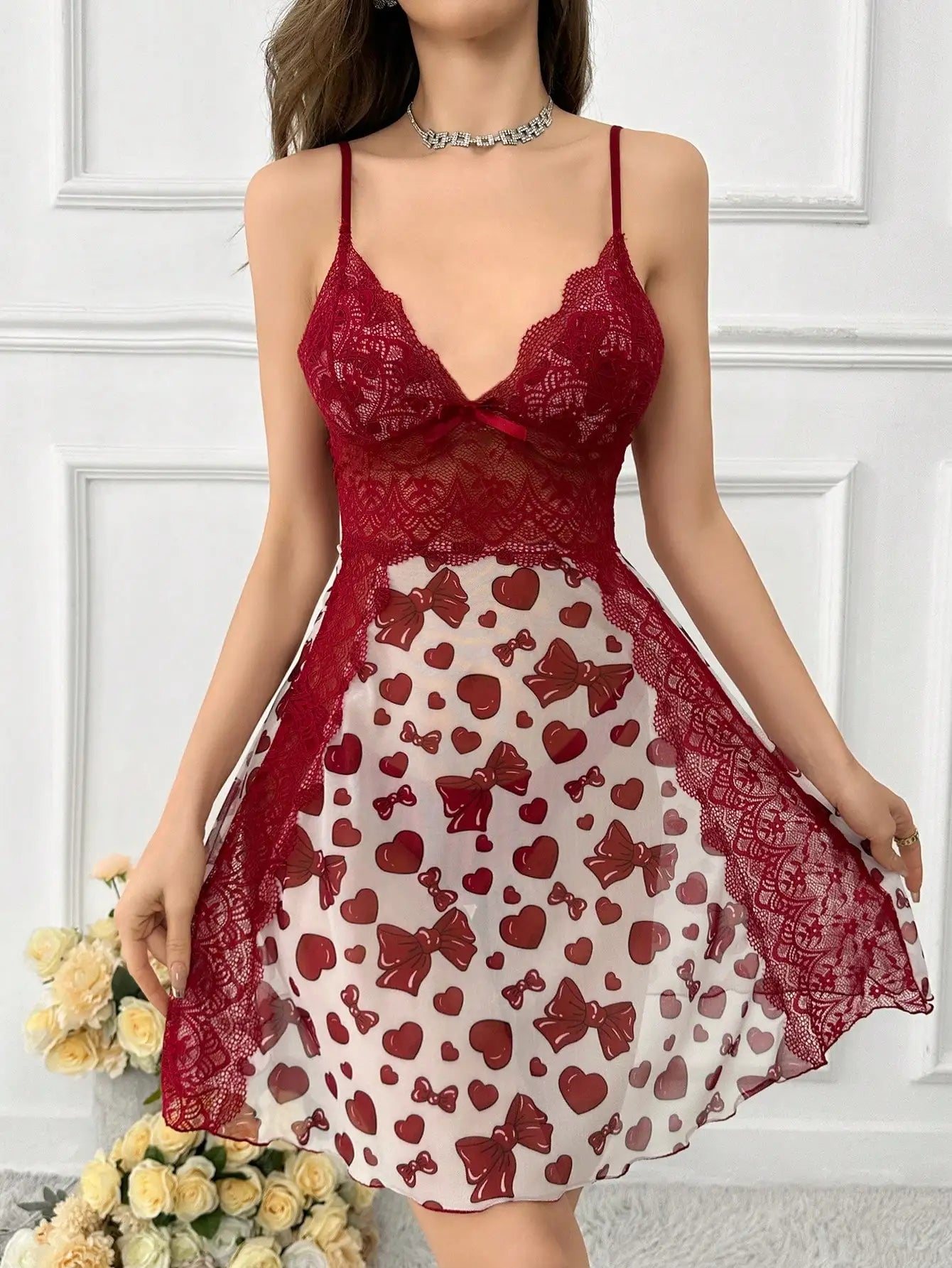 Lace stitching heart bow print mesh semi-perspective ladies suspender nightdress