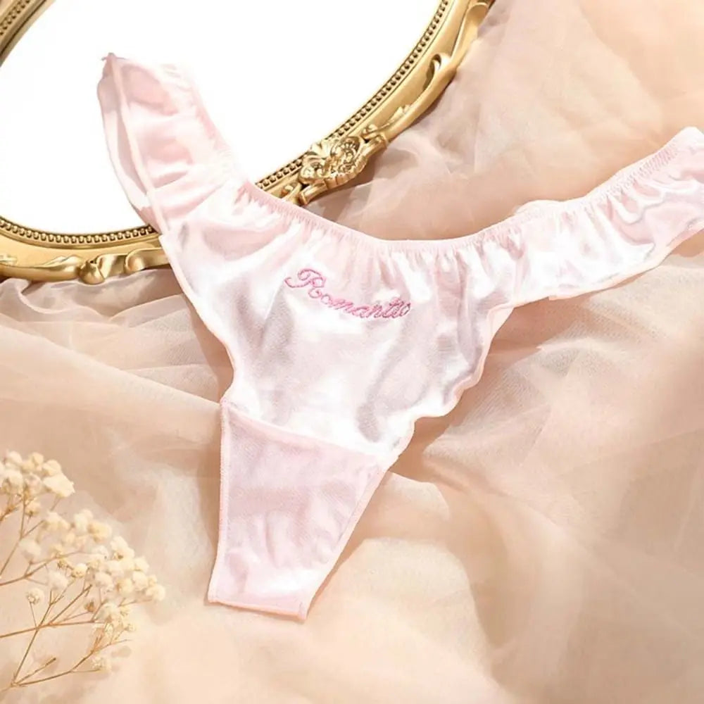 Sweet Pink Satin Silk Ruffle Thong Sexy Low Waist G-String Briefs for Women Ice Silk Underwear Female Intimates Lingerie
