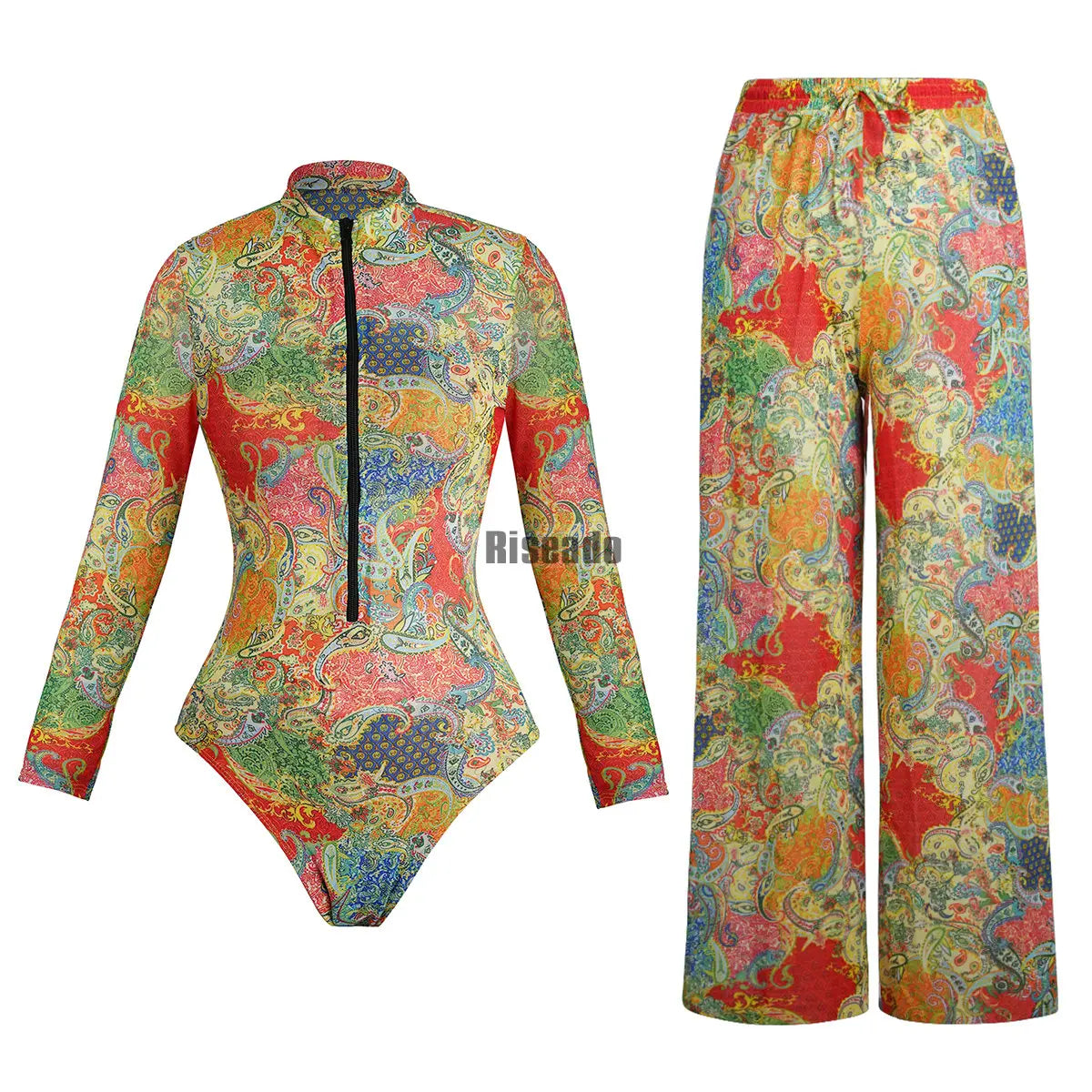 Riseado Mesh Swimsuit with Long Pants & Swimdress Long Sleeve Mesh Beachwear Sexy High Waist Bathing Suit Smart Beach Clothing