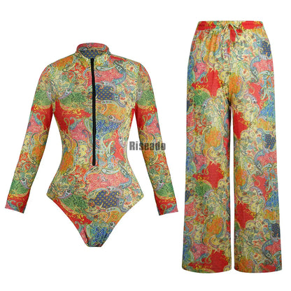 Riseado Mesh Swimsuit with Long Pants & Swimdress Long Sleeve Mesh Beachwear Sexy High Waist Bathing Suit Smart Beach Clothing