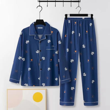 Casual Pure Cotton Men's Sleepwear Long Sleeve Long Pants Two-Piece Set Plaid Striped Simple Wearable Home Clothes