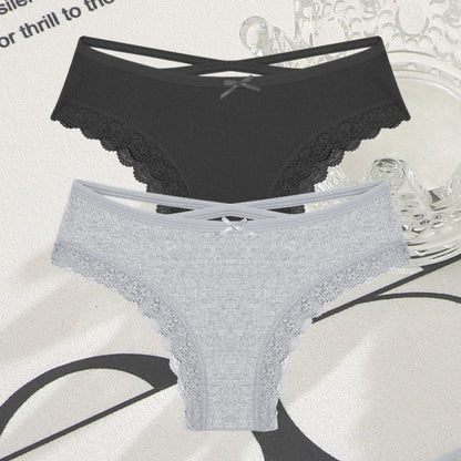 2PCS Cotton Panties for Women Sexy Lace Brazilian Briefs Female Low-Waist Cross Webbing Underpants Stretch Breathable Intimates