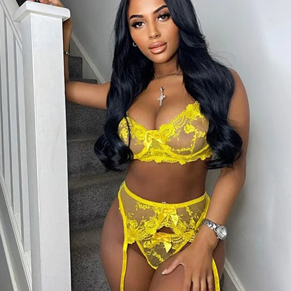 Toucheart 3 Piece Set Sexy Lingerie Lace Embroidered Eyelashes Perspective Underwired Push-up Bra For Women Underwear Suit New