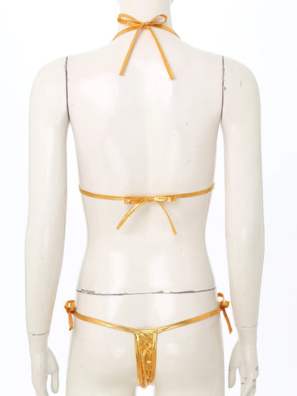 Womens Brazilian Micro Bikini Swimsuit Metallic Shiny Lacing Non-Padded Triangle Cup Bra Top with G-String Swimwear Biquini Set