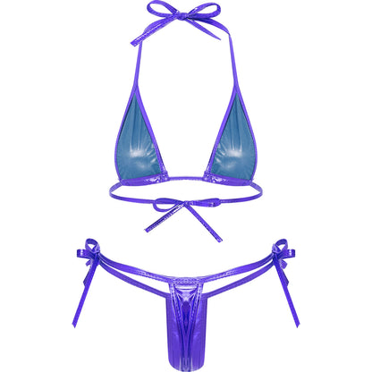 Womens Brazilian Micro Bikini Swimsuit Metallic Shiny Lacing Non-Padded Triangle Cup Bra Top with G-String Swimwear Biquini Set