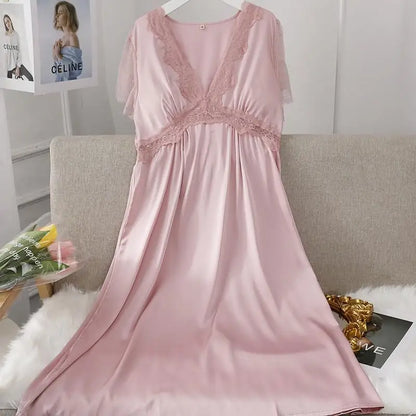 Female Long Nightdress Sexy Hollow Lace Sleepwear Home Dress Palace Style Princess Nightgown Nightwear Casual Satin Loungewear