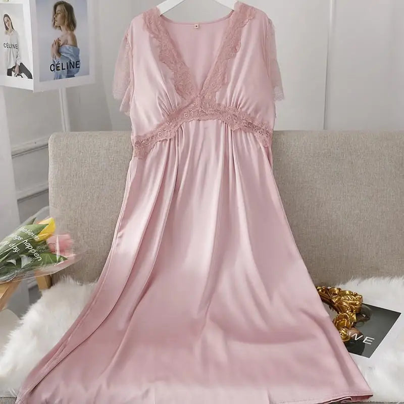 Female Long Nightdress Sexy Hollow Lace Sleepwear Home Dress Palace Style Princess Nightgown Nightwear Casual Satin Loungewear
