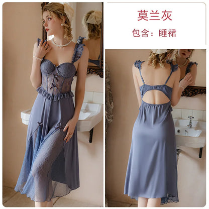White Perspective Female Robe Set Lace Kimono Nightdress Sleepwear Summer Bathrobe Nightgown Suit Women Mesh Home Wear Clothing