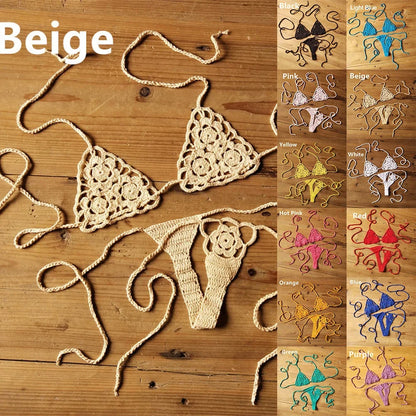 Women Sexy Handmade Bikini Sets Crochet Flower Solid Color Lace Thong String Swimwear Sunbathing Swimsuit Beach Wear Lace-up