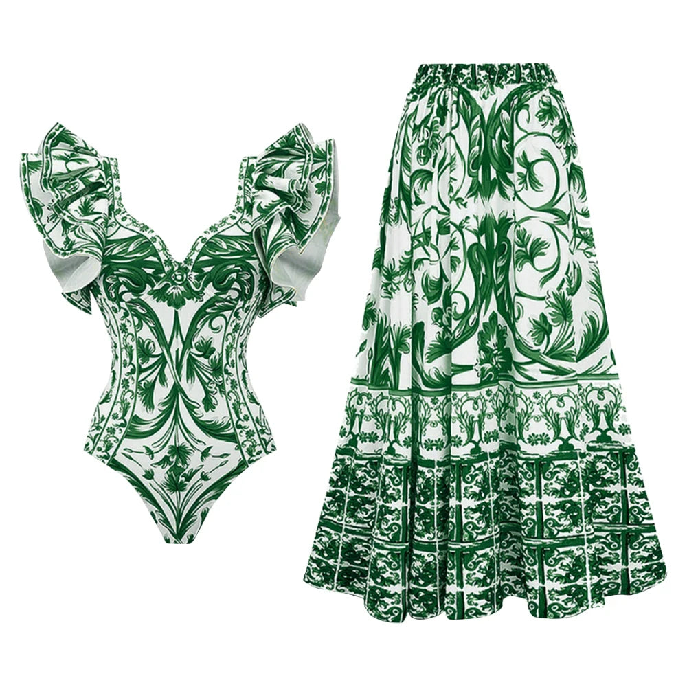 Printed Ruffle One Piece Swimsuit With Cover Up Sexy Swimwear Women Flat Belly Swim Suits Bathsuit Belt Bodysuit Beach Outing