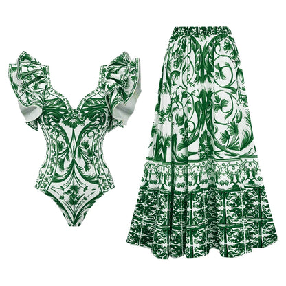 Printed Ruffle One Piece Swimsuit With Cover Up Sexy Swimwear Women Flat Belly Swim Suits Bathsuit Belt Bodysuit Beach Outing
