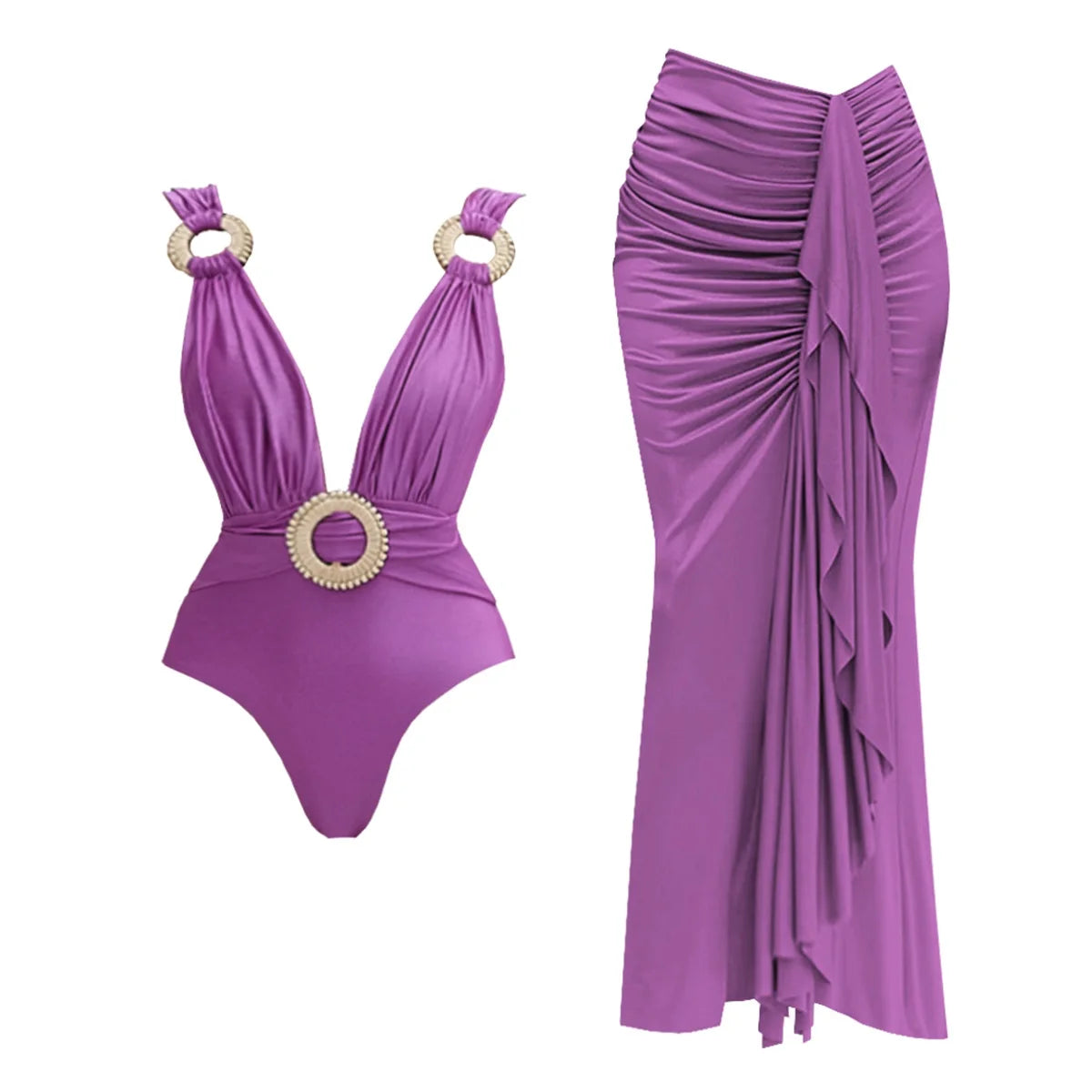 2Pcs Deep V One Piece Swimsuit Sexy Women Swimwear 2025 Shiny Star Bikini High Waist Biquini Female Swim Suit Bodysuit Beachwear