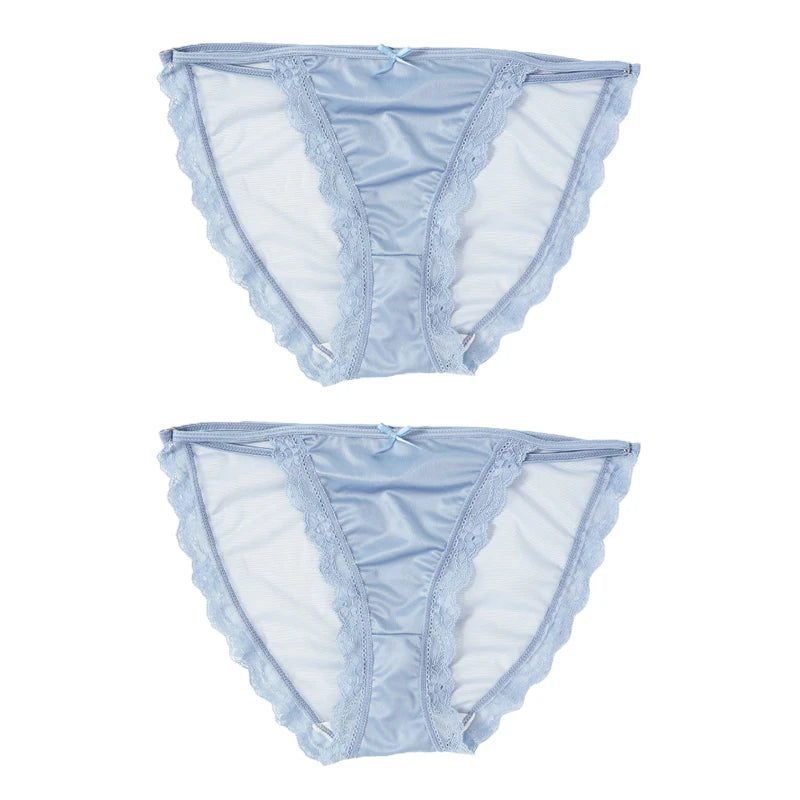 2PCS Mesh Satin Half Pack Panties Women's Ice Silk Low Rise Soft Intimates Breathable Sexy Lace Underpants Light Silky Briefs