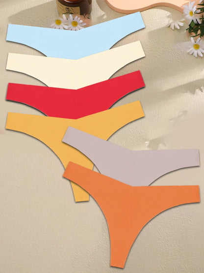 FINETOO 6PCS Women Ice Silk Seamless Underpants Panties Sexy V-Waist Sport Thongs Low Rise 10 Soild Colours Breathable G-string