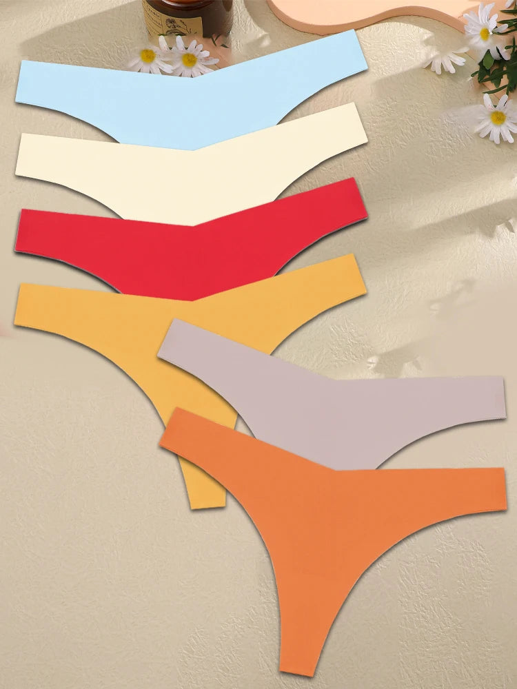 FINETOO 6PCS Women Ice Silk Seamless Underpants Panties Sexy V-Waist Sport Thongs Low Rise 10 Soild Colours Breathable G-string