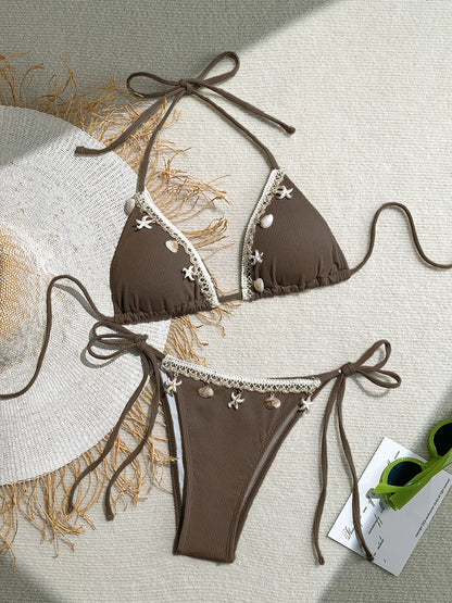 Shell Decoration Ribbed Bikini Women Swimwear Female Swimsuit Two-pieces Bikini Set Halter Strappy Bather Bathing Suit Swim Lady