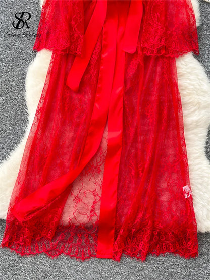 SINGREINY Elegant Sheer Caridigan Long Robes Female Lace Up Solid Long Sleeve Robes Fashion Women Transparent Lace Sensual Robes