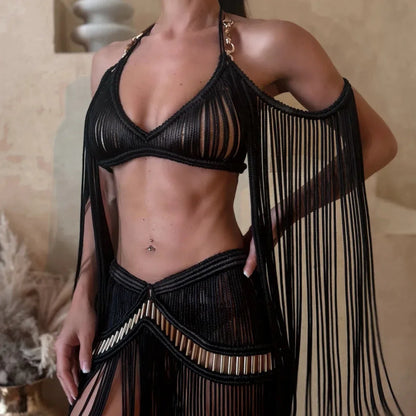 Leosoxs Bikini Cover Ups Hand Crochet Knitted Women 2025 Summer Holiday Tassel Beach Bathing Suit Hollow Out Skirts Matching Set