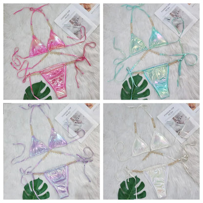 Sexy Halter Shiny Diamond Bikini Women Swimwear Female Swimsuit Laser Metallic Bikini Set Brazilian Bathing Suit Swim Beach Wear