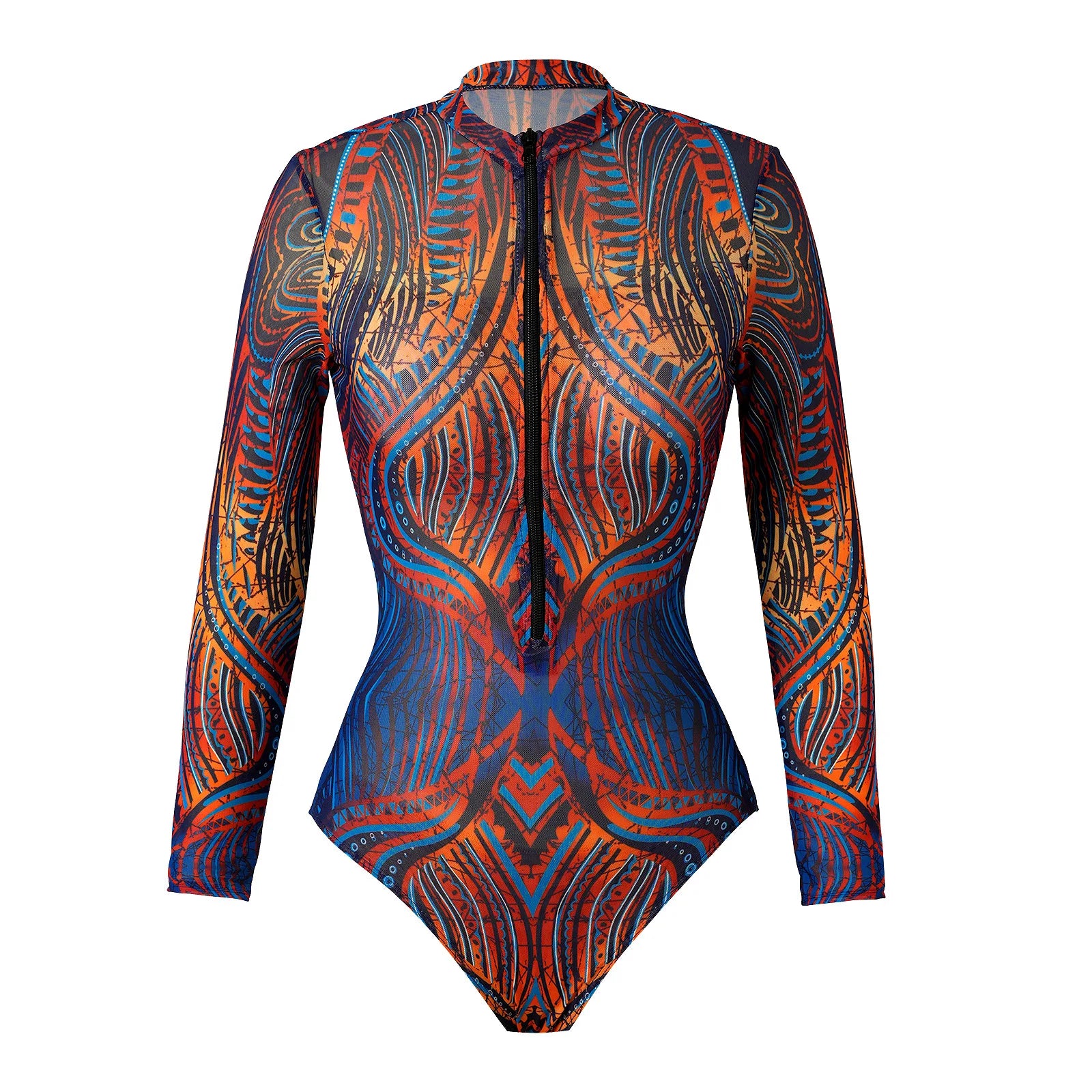 Vintage Mesh Print Swimming Suit for Women Long Sleeve High Waist One Piece Swimsuit 2025 Beach Bathing Suit Купальник