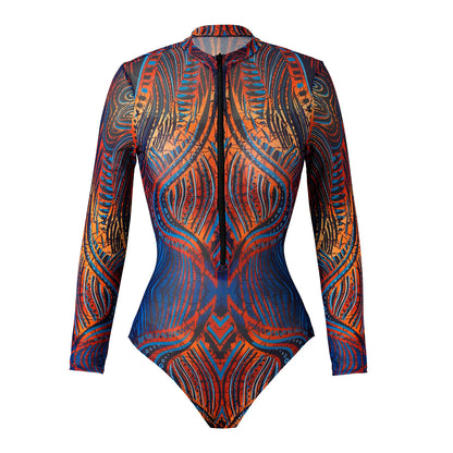 Vintage Mesh Print Swimming Suit for Women Long Sleeve High Waist One Piece Swimsuit 2025 Beach Bathing Suit Купальник