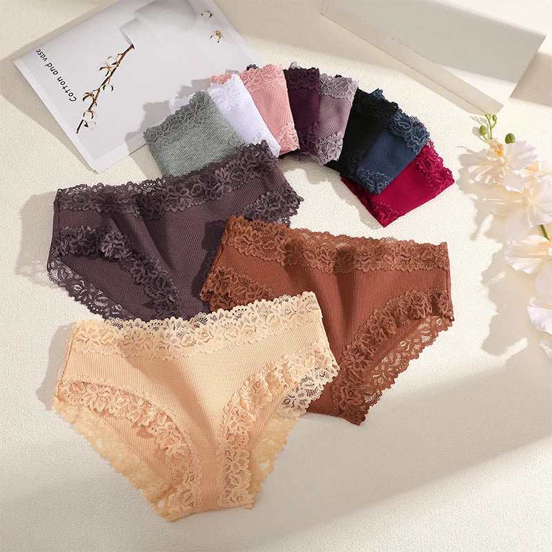 5PCS/Set Sexy Lace Cotton Panties for Women Flroal Lace Seamless Briefs Low Rise Lingerie Female Breathable Soft Underwear S-XL