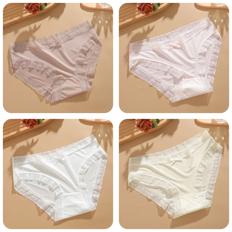 4Pcs Ice Silk Lace Panties Seamless Soild Underwear For Women Sexy Ultra-thin Breathable Briefs Girls Soft Transparent Lingerie