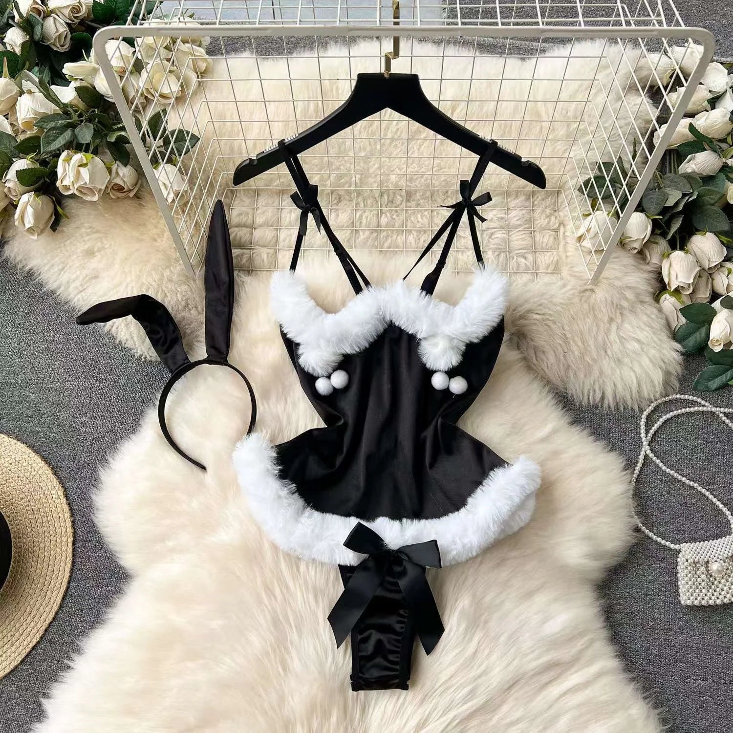 Women Strap Hollow Out Backless French Style Striped Erotic Playsuits Cosplay Slim Fit Underwear Black Lingerie Sexy Bodysuits
