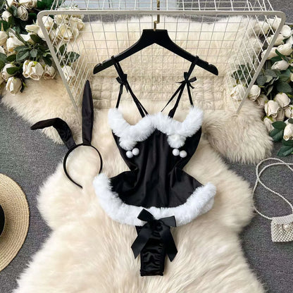 Women Strap Hollow Out Backless French Style Striped Erotic Playsuits Cosplay Slim Fit Underwear Black Lingerie Sexy Bodysuits