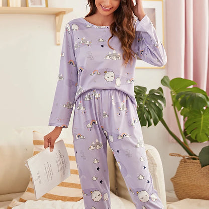 Women Pajama Set Long Sleeve Shirt And Trousers Sleepwear With Eye Mask Soft Loungewear Autumn Nightwear Cartoon Print Pyjamas