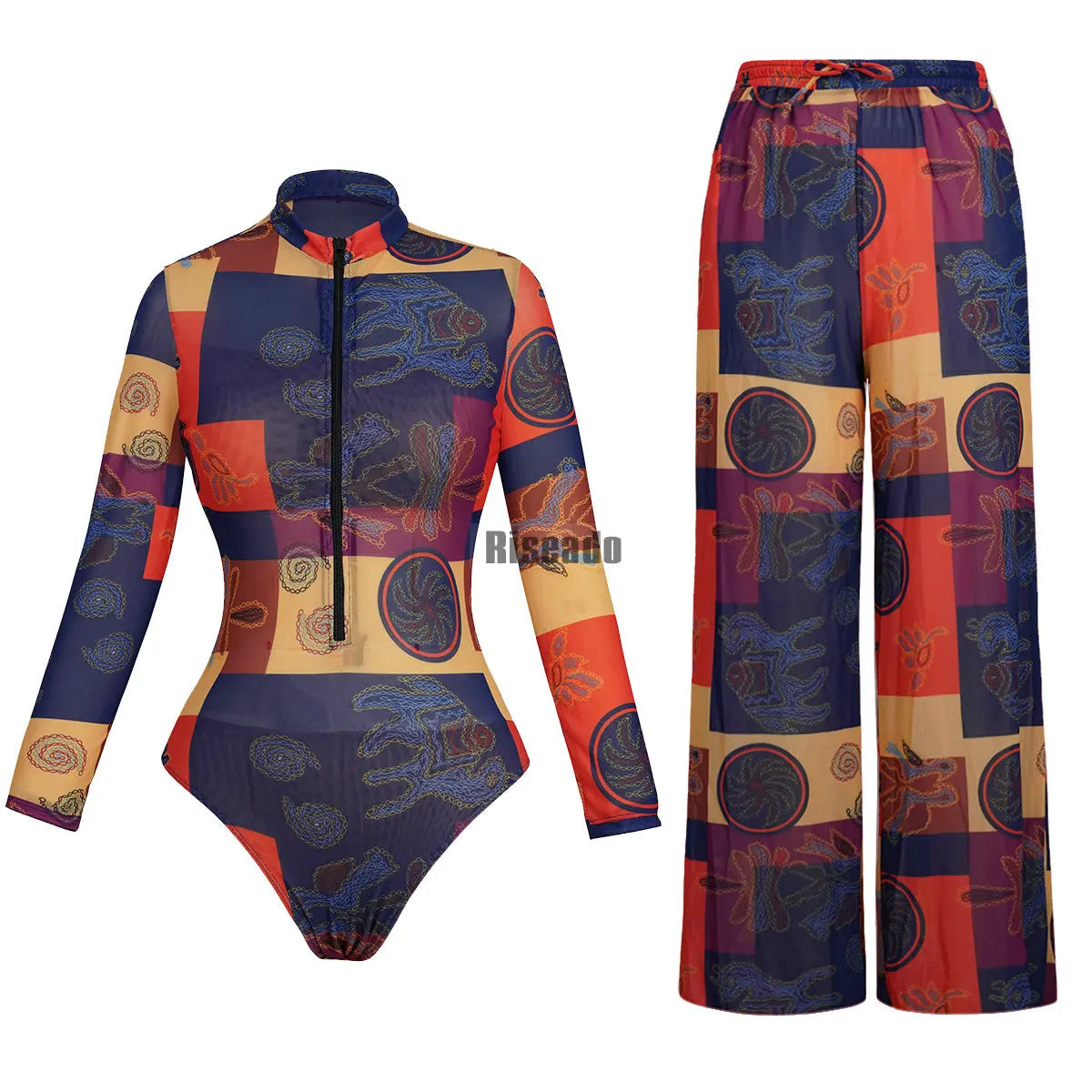 Riseado Mesh Swimsuit with Long Pants & Swimdress Long Sleeve Mesh Beachwear Sexy High Waist Bathing Suit Smart Beach Clothing