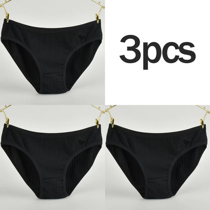 3PCs Teen Girls Cotton Underwear Low-Rise Heart Print Briefs Soft Breathable Everyday Panties Minimalist Design Lady Summer Wear