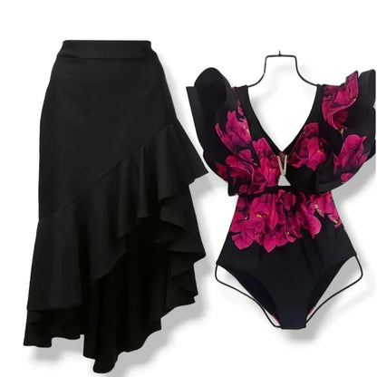 2025 New 2-Piece Shoulder Ruffle Swimsuit With Cover Up Sexy Women Swimwear Push Up Biquini Bathsuit Bodysuit Beachwear Dress