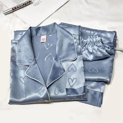 Ice Silk Pajamas Women's Long Sleeve Lace Premium Sense Two Piece Suit Sweet Homewear Love Blue Ladies Sleepwear Loungewear