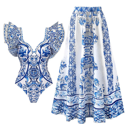 2025 New 2-Piece Shoulder Ruffle Swimsuit With Cover Up Sexy Women Swimwear Push Up Biquini Bathsuit Bodysuit Beachwear Dress