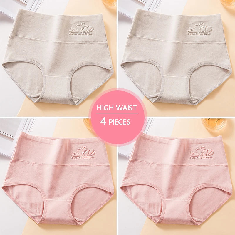 Plus Size M-5XL 4Pcs/Set High Waist Cotton Panties Women Body Shaper Underwear Soft Print Girls Briefs Slimming Female Lingerie