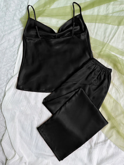 Solid Satin Pajama Set Draped Collar Cami Top Elastic Waistband Pants Women's Sleepwear Loungewear