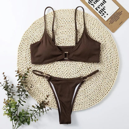 Sexy Brown Ribbed Swimwear 2026 Micro Thong Bikinis Sets Women Metal Ring Swimsuits String Bathing Suit Bikini Bathers Biquinis