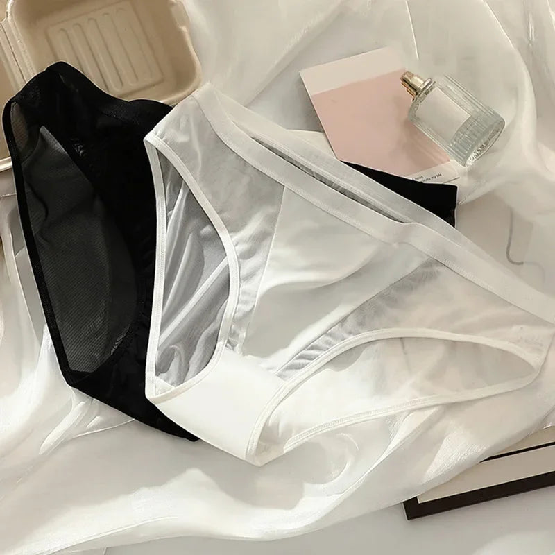 Sexy Mesh Ice Silk Solid Thin Breathable Underwear Middle Waist Elasticity Panties Women Seamless Comfortable Intimate Briefs