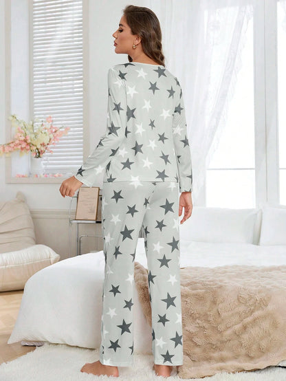 Women's Four-Season Spring and Summer Long-Sleeved Pajamas, Casual, Comfortable and Cute Star-Printed Long-Sleeved Pants Set for