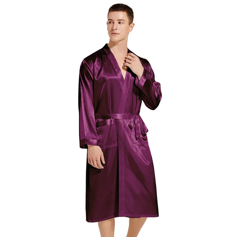 Summer New Men Solid Color Kimono Robe Satin Bathrobe Gown Summer New Sleepwear Loose Pijamas De Hombre Ice Silk Peignoir Homme