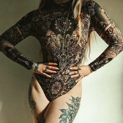 Gothic Print Naked See Through Bodycon Jumpsuits Y2K Lace Mesh Long Sleeve Slim Bodysuits Women Summer T-Shirts Tops Streetwear