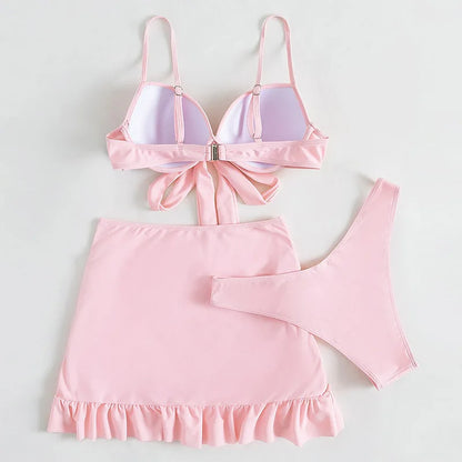 Cikini-Solid Bikini Set, Knot Front Push Up Bra, High Cut Bottom, Ruched Beach Skirt, 3 Piece Bathing Suit