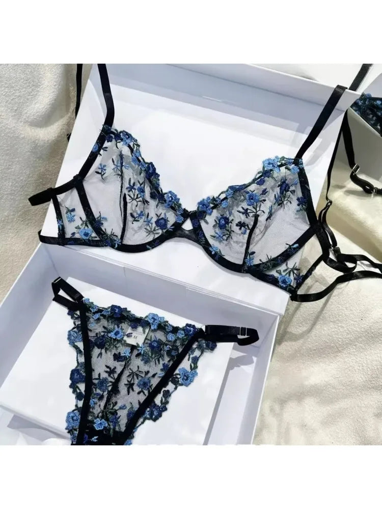 YUQI French Style Luxury Lingerie-Floral Embroidery Black Sheer Bra Set, Sensual Women's Intimates Elegant Transparent Underwear