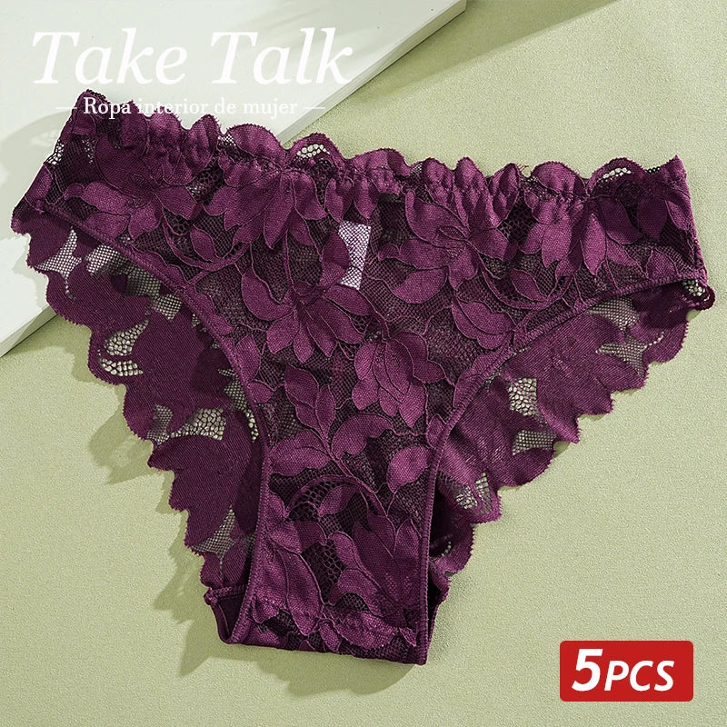 5PCS/Set Floral Lace Panties for Women Ladies Low Waist Sexy Lingerie Transparent Breathable Underwear Solid Color Briefs S-XL