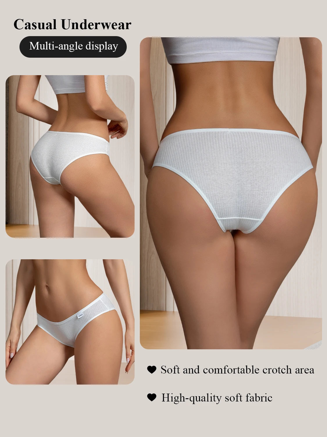 10PCS Women's Pure Cotton Panties Ribbed Briefs Low-Rise Breathable Female Soft Underwear Solid Colors Lingerie Stylish Casual