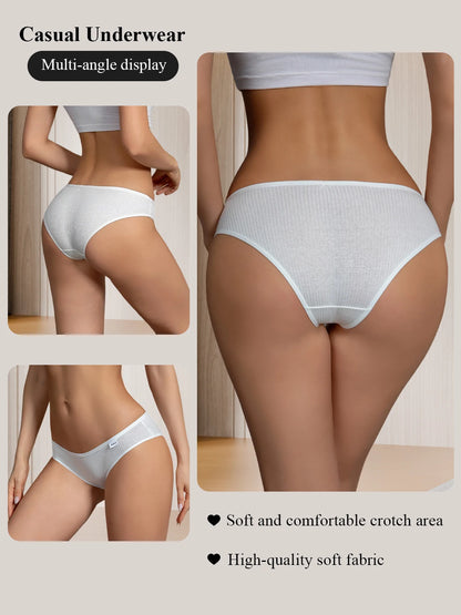 10PCS Women's Pure Cotton Panties Ribbed Briefs Low-Rise Breathable Female Soft Underwear Solid Colors Lingerie Stylish Casual